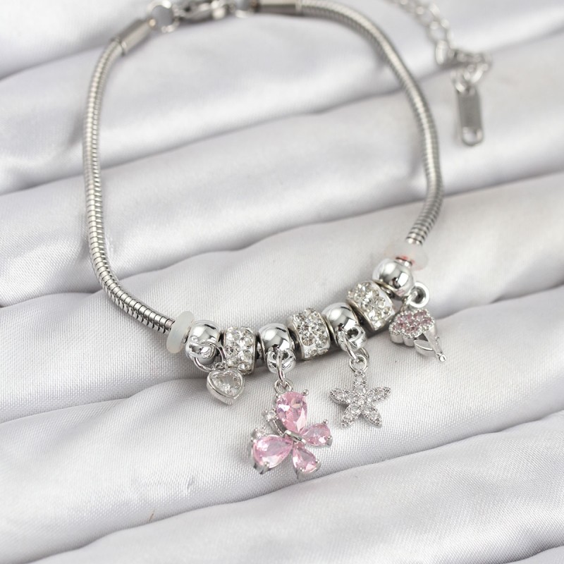 Pirinç Gümüş Renk Pembe Kelebek Charmlı Kadın Bileklik