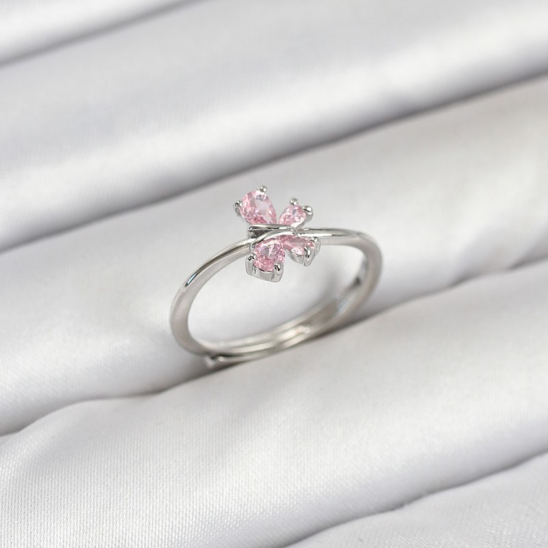 Pirinç Gümüş Renk Pembe Kelebek Kadın Yüzük