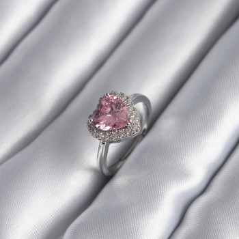 Pirinç Gümüş Renk Pembe Zirkon Taş Kalp Charm Model Kadın Yüzük