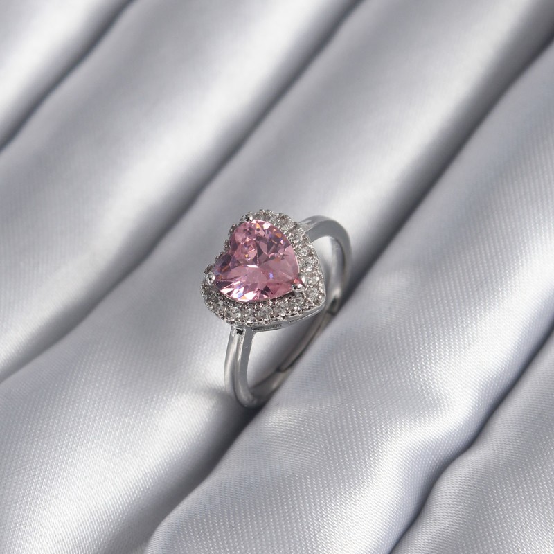 Pirinç Gümüş Renk Pembe Zirkon Taş Kalp Charm Model Kadın Yüzük