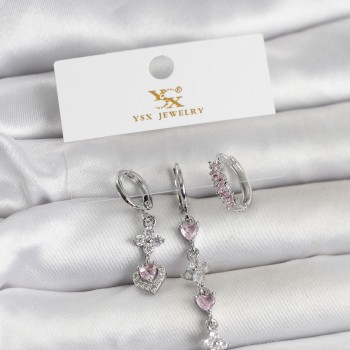 Pirinç Gümüş Renk Pembe Zirkon Taşlı 3'lü Kadın Küpe