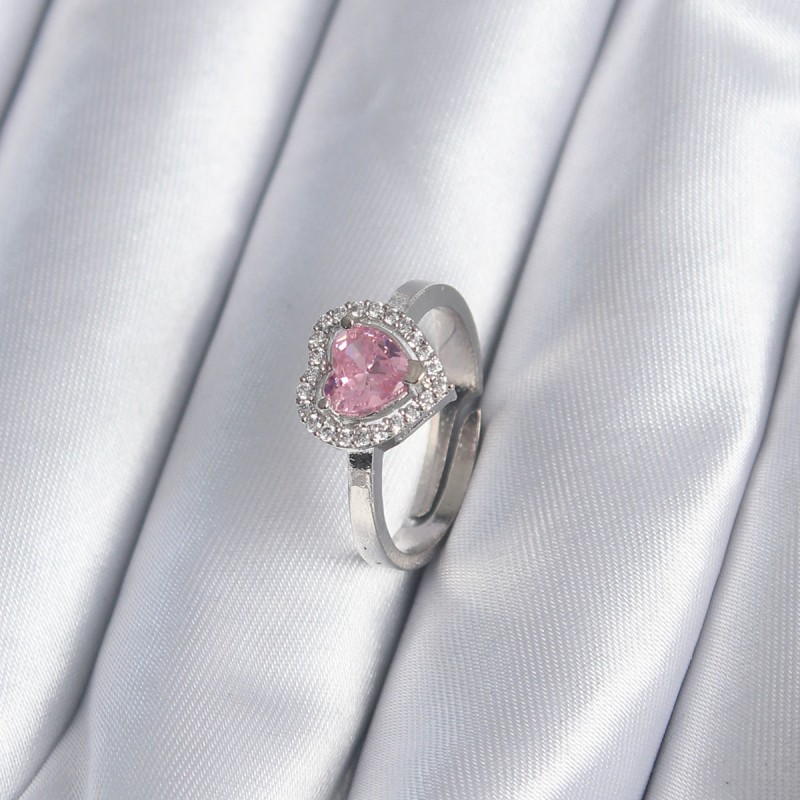 Pirinç Gümüş Renk Pembe Zirkon Taşlı Charm Model Kadın Yüzük