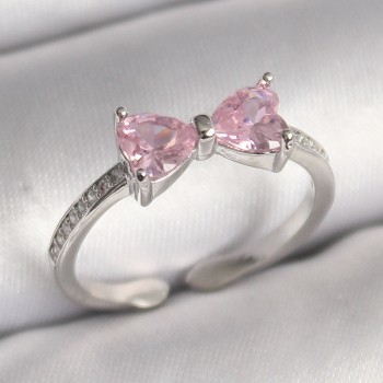 Pirinç Gümüş Renk Pembe Zirkon Taşlı Kalp Fiyonk Model Kadın Yüzük