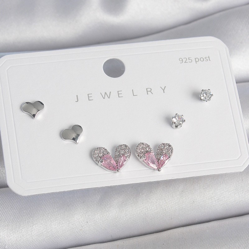 Pirinç Gümüş Renk Pembe Zirkon Taşlı Kalp Model 925 Ayar Gümüş Çivi Kadın Küpe Seti