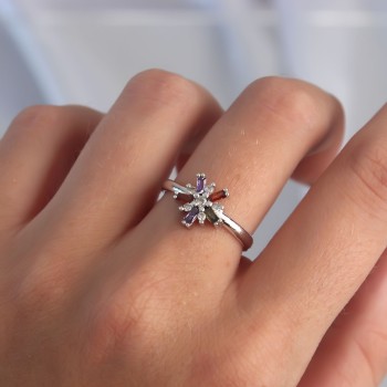 Pirinç Gümüş Renk Renkli Zirkon Taşlı Ayarlamalı Yüzük