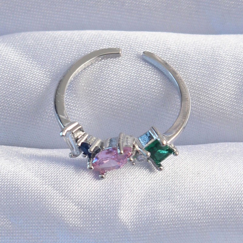 Pirinç Gümüş Renk Renkli Zirkon Taşlı Ayarlanabilir Yüzük