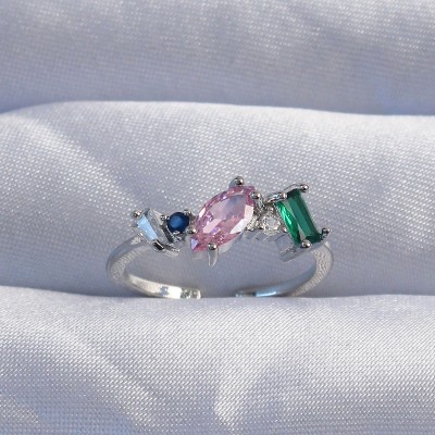 Pirinç Gümüş Renk Renkli Zirkon Taşlı Ayarlanabilir Yüzük