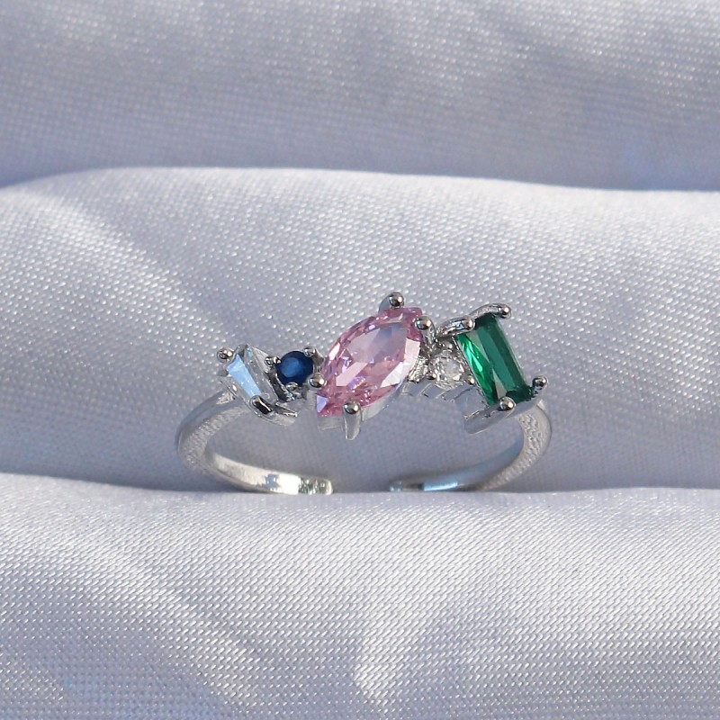 Pirinç Gümüş Renk Renkli Zirkon Taşlı Ayarlanabilir Yüzük