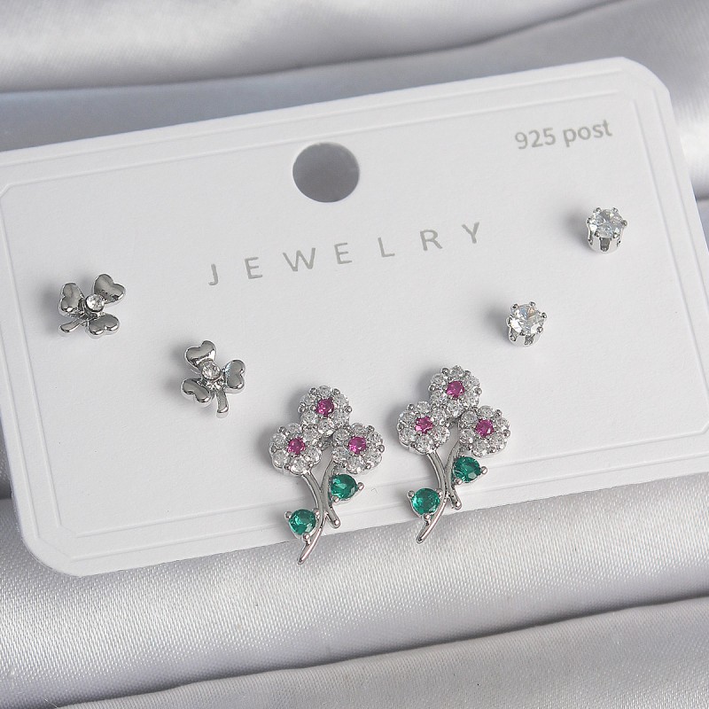 Pirinç Gümüş Renk Renkli Zirkon Taşlı Çiçek Model Yaprak Detay 925 Ayar Gümüş Çivi Kadın Küpe Seti