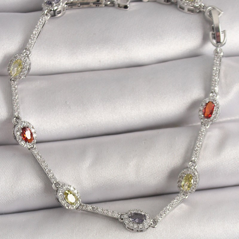 Pirinç Gümüş Renk Renkli Zirkon Taşlı Damla Taş Model Kadın Bileklik