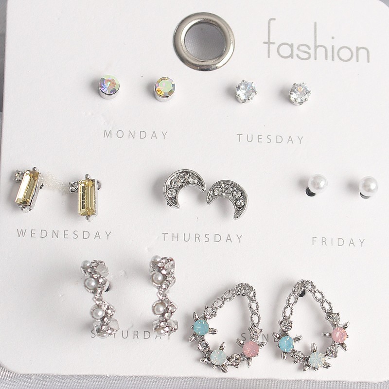 Pirinç Gümüş Renk Renkli Zirkon Taşlı Halka Damla Figür Hilal Detay 7 Çift Kadın Küpe Seti