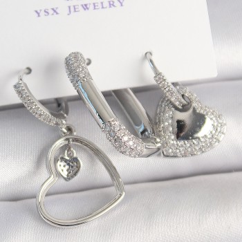 Pirinç Gümüş Renk Sallantı Zirkon Taşlı Kalp Model 3'Lü Kadın Kombin Küpe