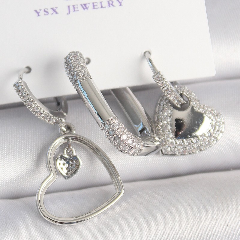 Pirinç Gümüş Renk Sallantı Zirkon Taşlı Kalp Model 3'Lü Kadın Kombin Küpe