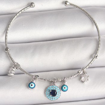 Pirinç Gümüş Renk Sallantı Zirkon Taşlı Nazar Boncuk Figür Charm Kadın Bileklik