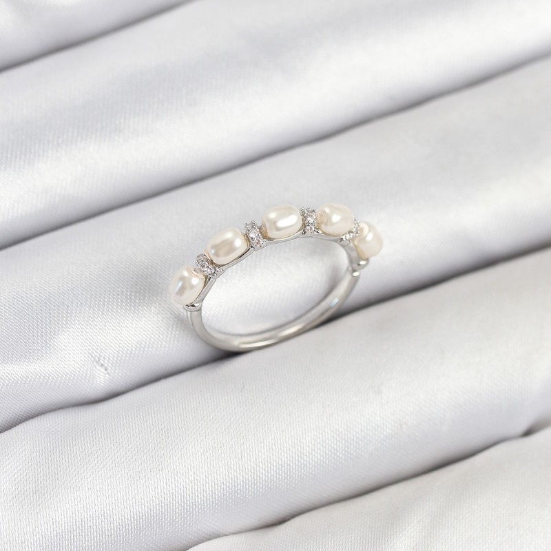 Pirinç Gümüş Renk Sıralı İncili Kadın Yüzük