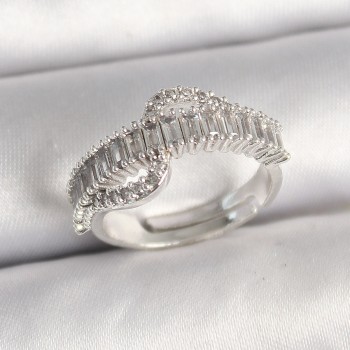 Pirinç Gümüş Renk Su Yolu Zirkon Taşlı Ayarlanabilir Model Kadın Yüzük