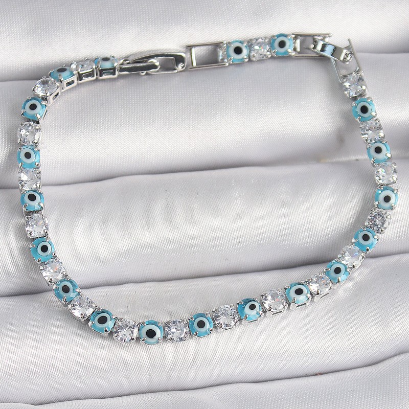 Pirinç Gümüş Renk Su Yolu Zirkon Taşlı Nazar Boncuklu Kadın Bileklik