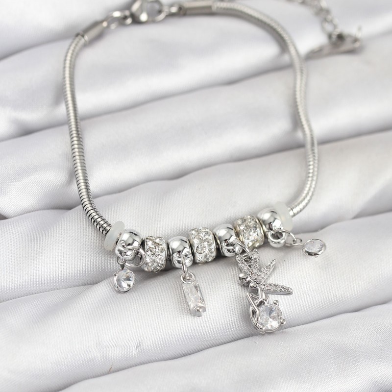 Pirinç Gümüş Renk Tinkerbell Charmlı Kadın Bileklik