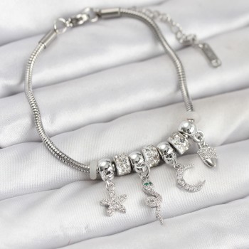 Pirinç Gümüş Renk Yılan Charmlı Kadın Bileklik