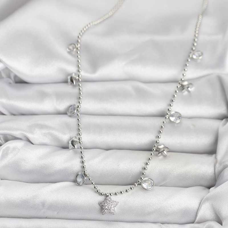 Pirinç Gümüş Renk Yıldız Model Kadın Kolye