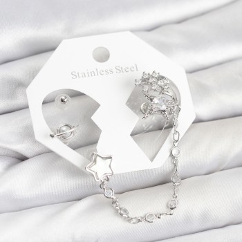 Pirinç Gümüş Renk Yıldız Model Zincir Bağlantılı Ear Cuff Küpe Seti