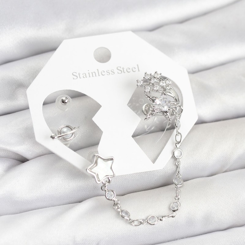 Pirinç Gümüş Renk Yıldız Model Zincir Bağlantılı Ear Cuff Küpe Seti