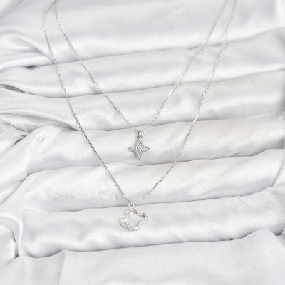 Pirinç Gümüş Renk Yonca Model 2'li Kadın Kolye