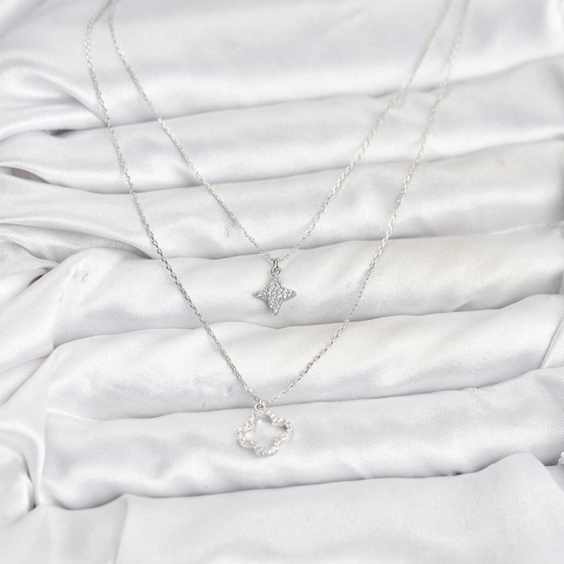 Pirinç Gümüş Renk Yonca Model 2'li Kadın Kolye