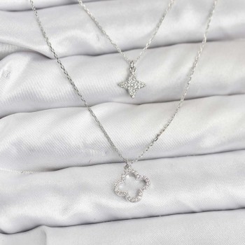 Pirinç Gümüş Renk Yonca Model 2'li Kadın Kolye