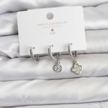 Pirinç Gümüş Renk Yonca Model 3'lü Kadın Küpe Seti