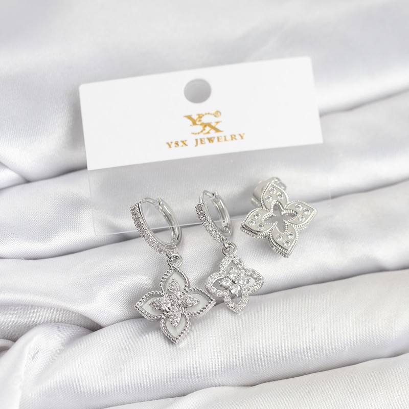 Pirinç Gümüş Renk Yonca Model YSX Trio Küpe Seti