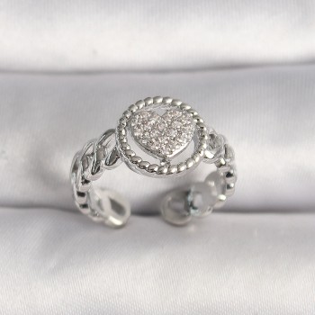 Pirinç Gümüş Renk Zincir Model Zirkon Taşlı Kalp Model Kadın Yüzük