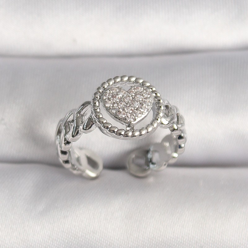 Pirinç Gümüş Renk Zincir Model Zirkon Taşlı Kalp Model Kadın Yüzük