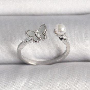 Pirinç Gümüş Renk Zirkon Taş Detaylı Beyaz Mineli Kelebek Figür İnci Detay Ayarlanabilir Yüzük