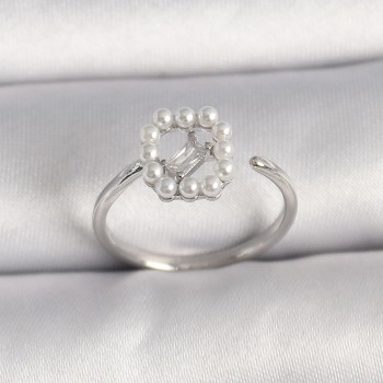 Pirinç Gümüş Renk Zirkon Taş Detaylı İncili Ayarlanabilir Yüzük