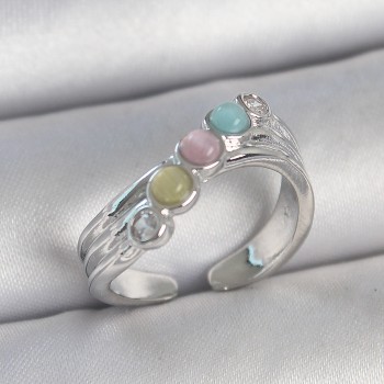 Pirinç Gümüş Renk Zirkon Taş Detaylı Renkli Mineli Ayarlanabilir Kadın Yüzük