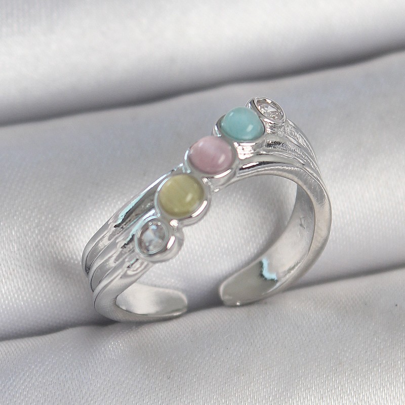 Pirinç Gümüş Renk Zirkon Taş Detaylı Renkli Mineli Ayarlanabilir Kadın Yüzük