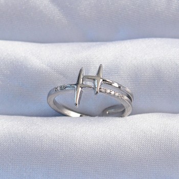 Pirinç Gümüş Renk Zirkon Taşlı 2li Görünüm Ayarlanabilir Yıldız Model Yüzük