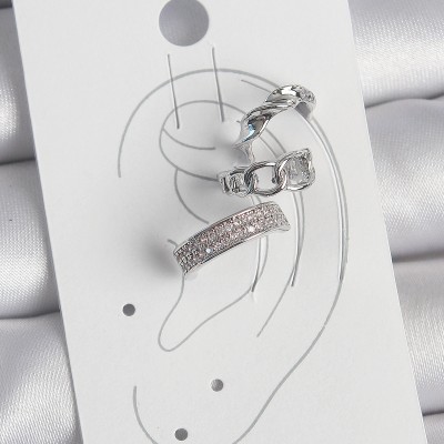 Pirinç Gümüş Renk Zirkon Taşlı 3'Lü Zincir Sarmal Model Kadın Kıkırdak Küpe