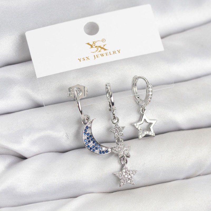 Pirinç Gümüş Renk Zirkon Taşlı Ay ve Yıldız Model YSX Trio Küpe Seti