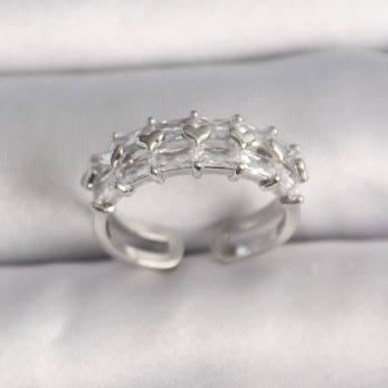 Pirinç Gümüş Renk Zirkon Taşlı Ayarlanabilir Yüzük