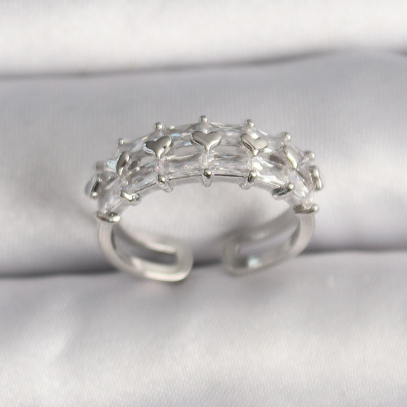 Pirinç Gümüş Renk Zirkon Taşlı Ayarlanabilir Yüzük