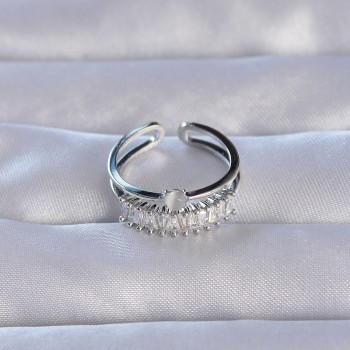 Pirinç Gümüş Renk Zirkon Taşlı Baget Su Yolu Model Ayarlanabilir Yüzük