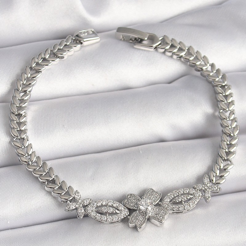 Pirinç Gümüş Renk Zirkon Taşlı Çiçek Figür Arpa Zincir Model Kadın Bileklik