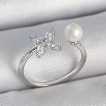 Pirinç Gümüş Renk Zirkon Taşlı Çiçek Model İnci Detay Ayarlanabilir Kadın Yüzük