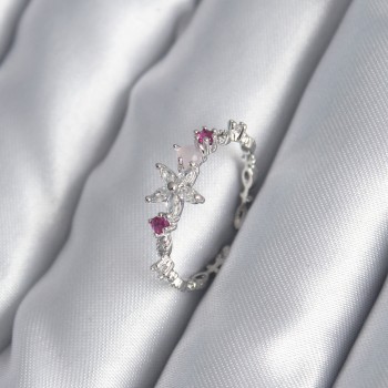 Pirinç Gümüş Renk Zirkon Taşlı Çiçek Model Pembe Zirkon Taş Detay Kadın Yüzük