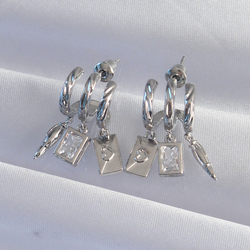 Pirinç Gümüş Renk Zirkon Taşlı Çoklu Aksesuarlı Yarım Halka Kaburga Küpe