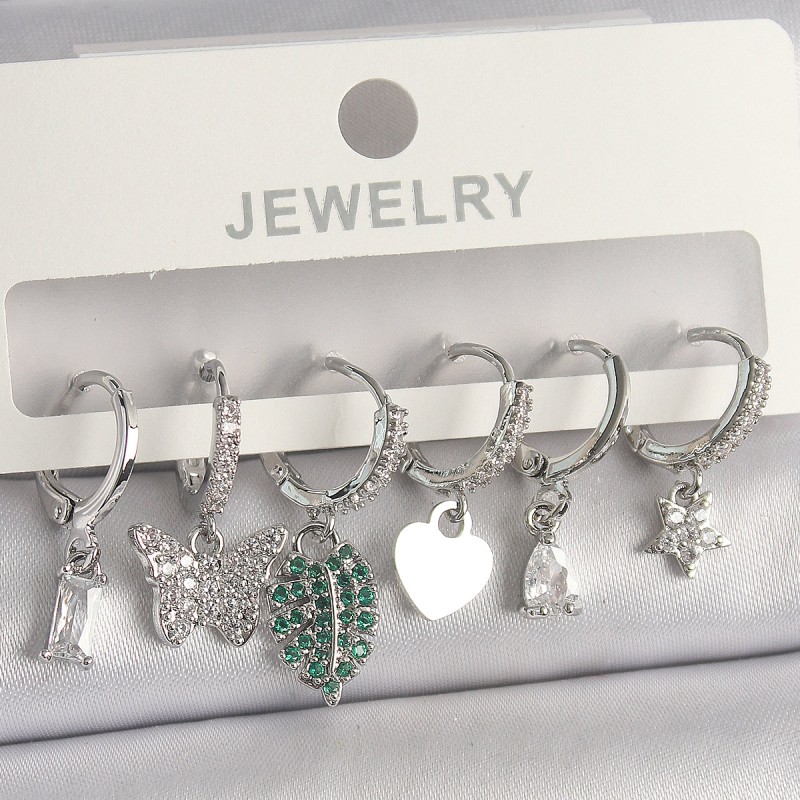 Pirinç Gümüş Renk Zirkon Taşlı Çoklu Figür Kadın Küpe Seti