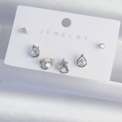 Pirinç Gümüş Renk Zirkon Taşlı Damla Model Küpe Seti