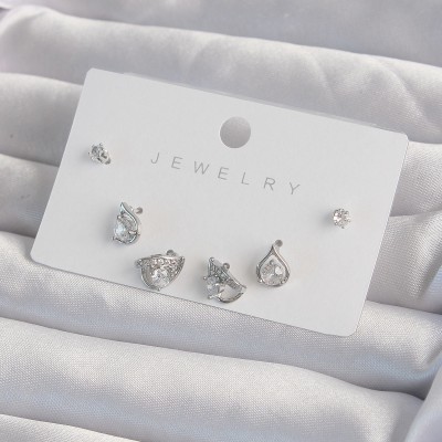 Pirinç Gümüş Renk Zirkon Taşlı Damla Model Küpe Seti